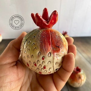 Pomegranate fine art ceramics, Ornament ceramic art, Rustic ceramic sculpture with a bird, Israeli pottery art, Art object home decor