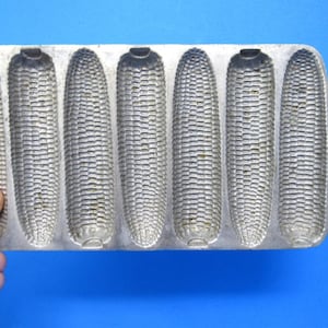 May include: A cast iron cornbread pan with six corn cob molds. The pan is silver-colored and has a rectangular shape with a handle on the side. The molds are detailed to resemble corn cobs.