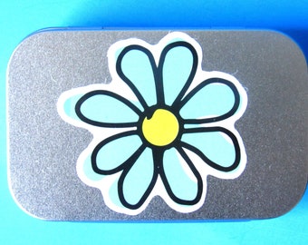 Blue Yellow Flower Adorable Silver Metal Tin - approx 3" - Hinged Closing Lid -  Container for Coins, Medicine, Candy, USB Flash Drive, etc.