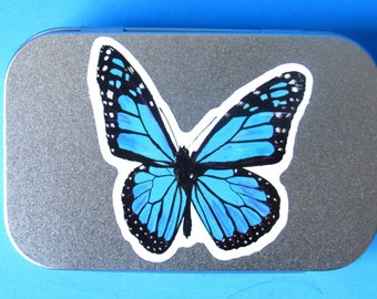 Blue Butterfly Silver Metal Tin - approx 3" - Hinged Closing Lid -  Container for Coins, Medicine, Candy, USB Flash Drive, etc.