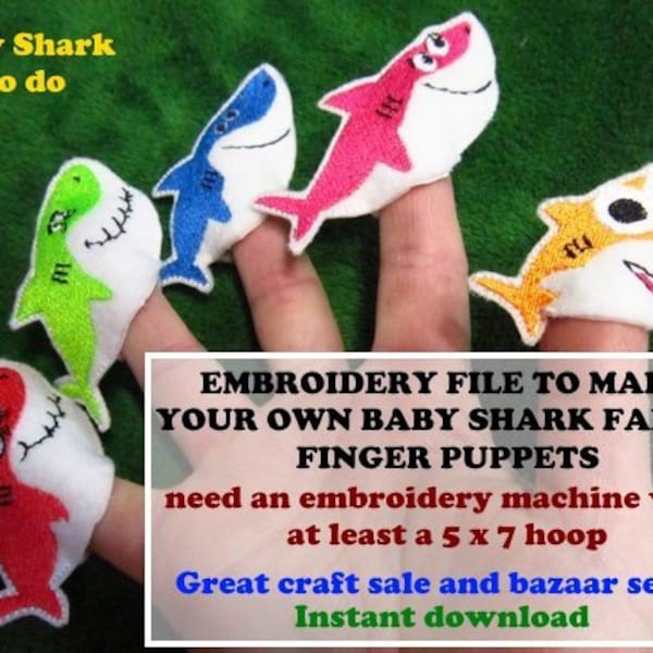 Embroidery file, Baby shark family finger puppets,  instant download, great bazaar seller