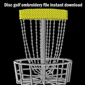 May include: A gray disc golf basket with a yellow top. The basket is 3.40 inches wide and 4.52 inches high. The image includes the text "Disc golf embroidery file instant download".