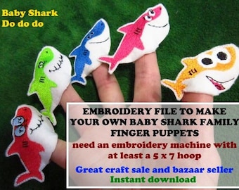 Embroidery file, Baby shark family finger puppets,  instant download, great bazaar seller