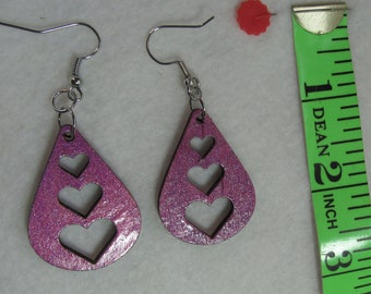 Wooden handmade Cute Valentine purple pink glittery heart earrings, laser cut