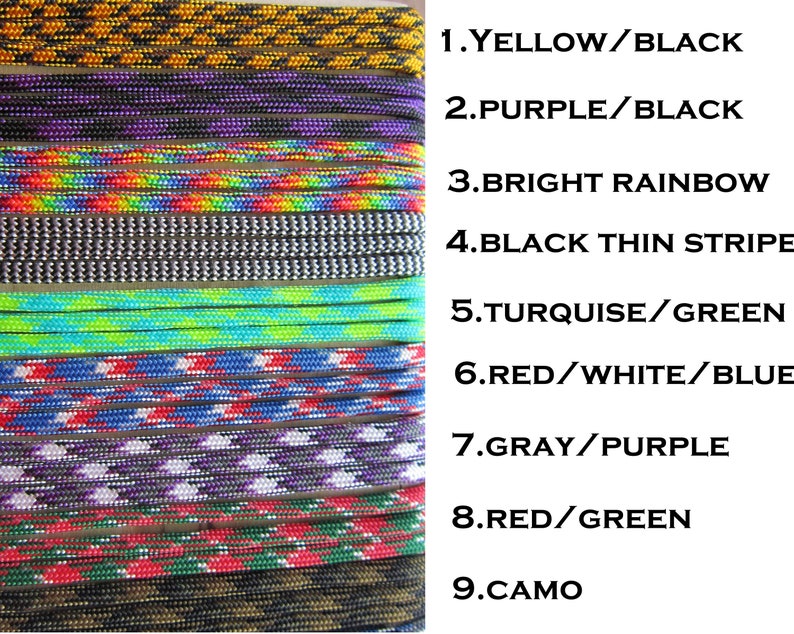 May include: Nine different types of paracord with their color combinations listed. The paracord is arranged vertically in rows, with each row labeled with a number and a description of the color combination. The color combinations include yellow/black, purple/black, bright rainbow, black thin stripe, turquoise/green, red/white/blue, gray/purple, red/green, and camo.