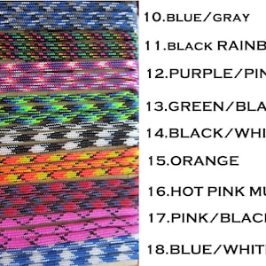 May include: A close-up of 8 different types of paracord, each with a unique color combination. The paracord is arranged in rows, with the color combinations labeled with numbers and names. The paracord is a type of rope that is often used for crafting and outdoor activities.