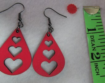 Wooden handmade Cute Valentine red heart earrings, laser cut