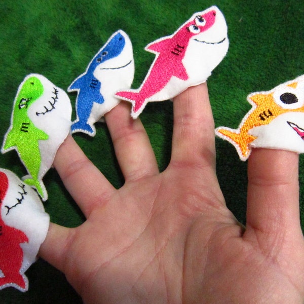 Baby shark family finger puppets,  hand made to order, perfect travel toy