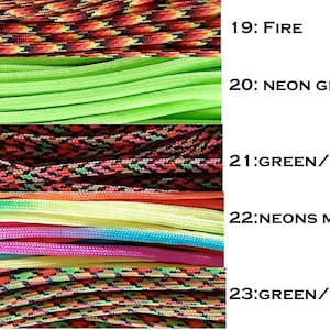 May include: Five different colors of paracord, including fire, neon green, green/pink, neons mix, and green/orange. The paracord is arranged in rows, with each color in a separate row.