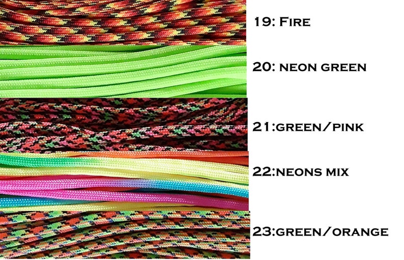 May include: Five different colors of paracord, including fire, neon green, green/pink, neons mix, and green/orange. The paracord is arranged in rows, with each color in a separate row.