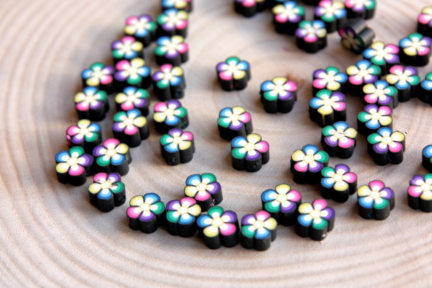Polymer Clay Beads 50pcs Fimo Beads Black Flower Fimo Bead Etsy