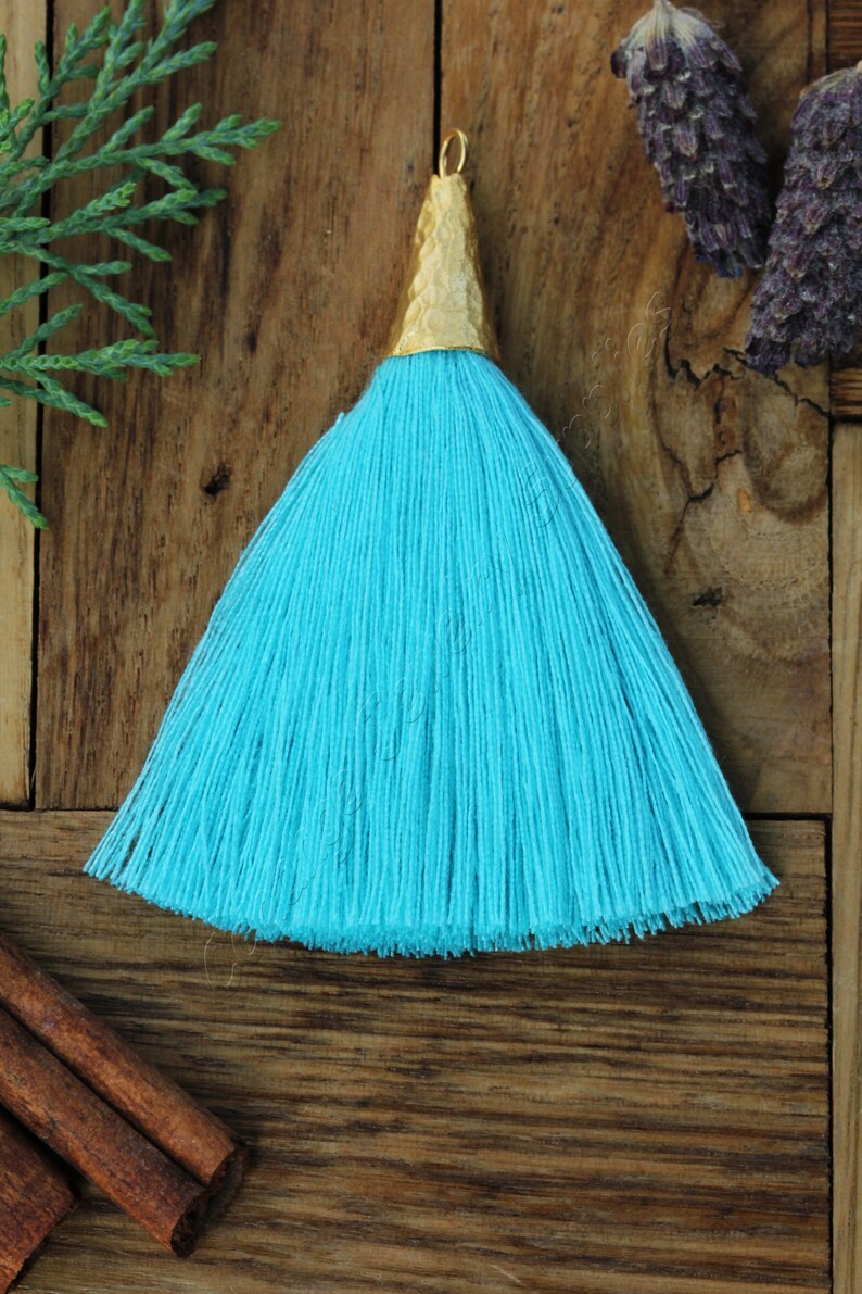 7cm Cotton Thick Tassels Boho Earring Necklace Tassels 1 pc Gold Cap Long Tassel Turquoise #31