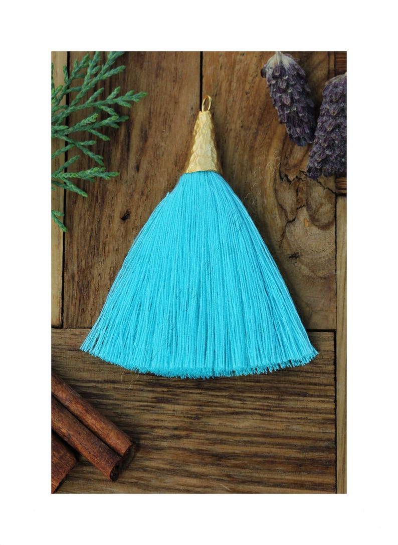 7cm Cotton Thick Tassels Boho Earring Necklace Tassels 1 pc Gold Cap Long Tassel Turquoise #31