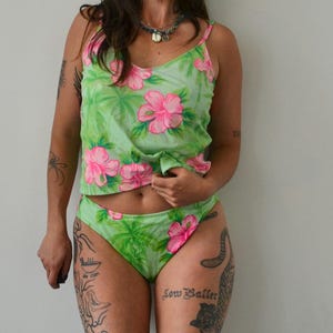 90s tropical tankini / vintage green and pink neon swimsuit / size L