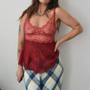 90s red neglige top / vintage lace camisole / lingerie tank top / size M