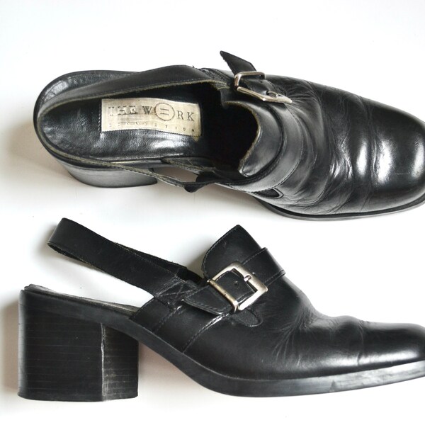 block heel loafers // vintage black leather chunky sling backs // 90s square toe shoes // women's 8