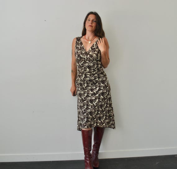 y2k mesh overlay midi dress / vintage brown patterned dress / size L