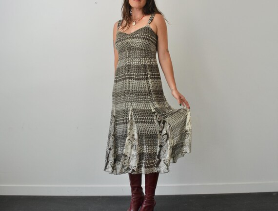 Y2k Silk Patterned Dress / Vintage Nine West Brown Midi Dress / Size 8