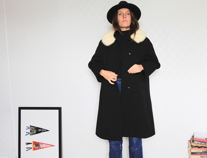 fur trimmed black duster vintage white fur collar midi coat black duster with white fur collar lined for winter