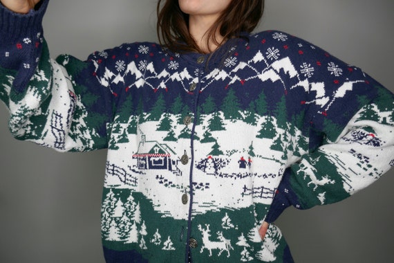 vintage 90's knit cardigan // winter scene scandi… - image 2