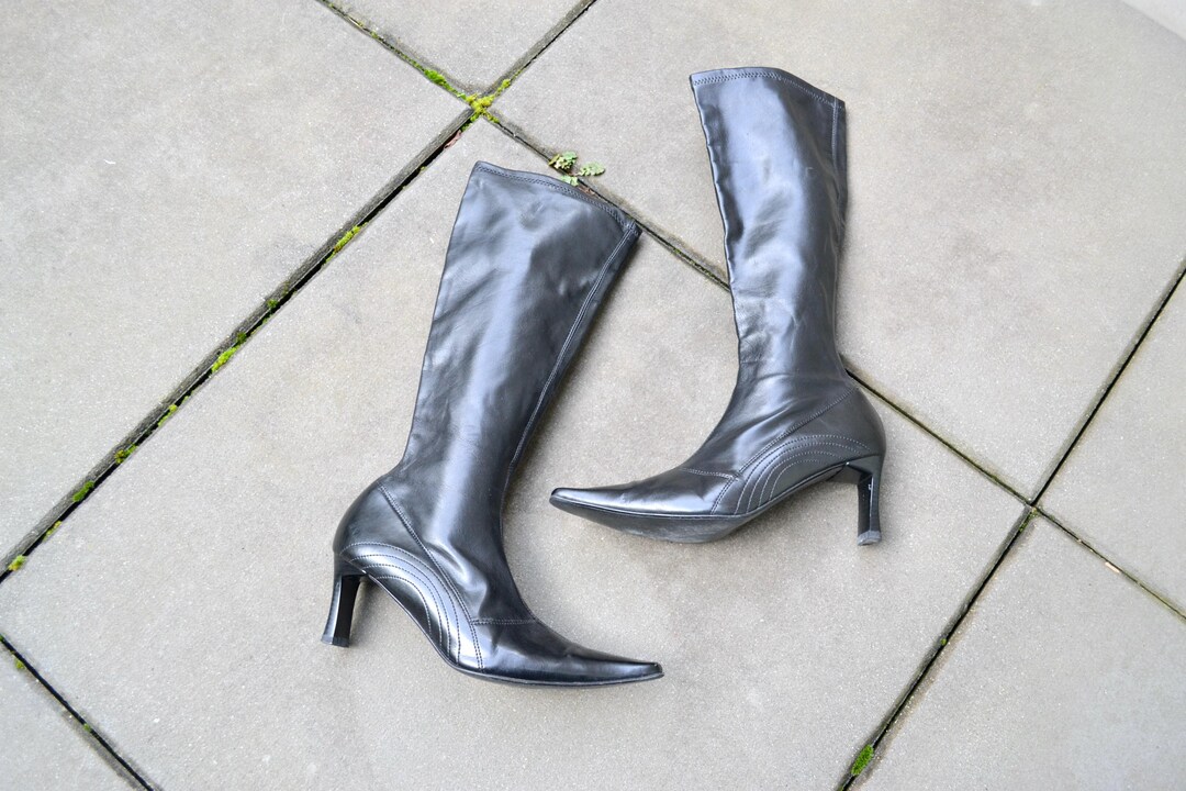 90s Square Pointed Toe Boots / Vintage Black Leather Heeled Boots ...