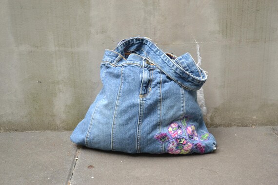 Y2k Denim Tote Bag Vintage Gap Jeans Upcycled Jean Bag Floral