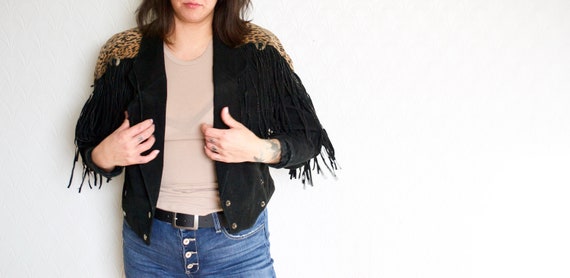 black and leopard print fringe leather jacket // v