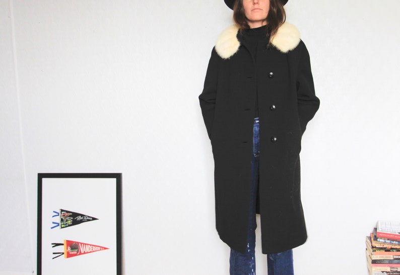 fur trimmed black duster vintage white fur collar midi coat black duster with white fur collar lined for winter