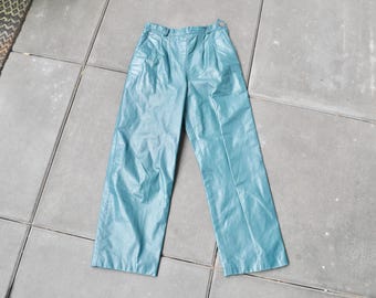 80s teal leather pants / vintage pleat front high rise pants / 25" waist