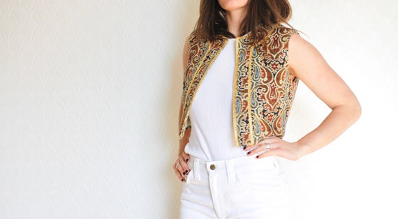 cropped tapestry vest // vintage gold trimmed vest