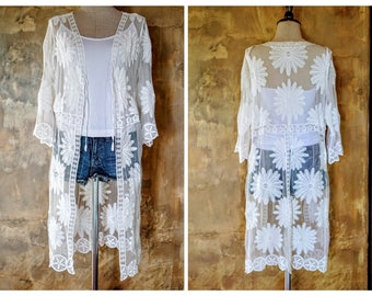 Kimono boho blanco, kimono de playa, cubierta de playa boho, bata de kimono, tapa de kimono de playa, cubierta de boho, kimono de ganchillo, kimono de kaftan, S-M