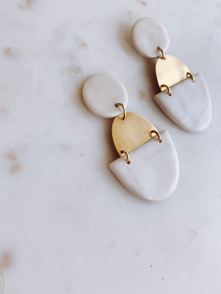 Statement Earring-FREE SHIPPING The Farah In Speckled Gray-Polymer Clay & Gold Earring lightweight Long