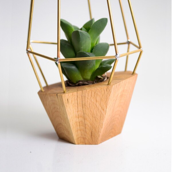 Elegant Faceted Wooden Planter - Geometric Wood Brass Gem - for Succulent, Cactus and Air plants. Handmade in EU