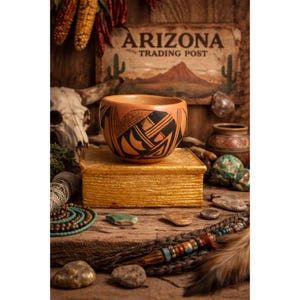 Peut inclure: Un bol en céramique orange et noir à motifs est posé sur une boîte dorée, avec une enseigne "Arizona Trading Post" en arrière-plan. La scène comprend des perles, des plumes et un crâne, évoquant un thème du Sud-Ouest.