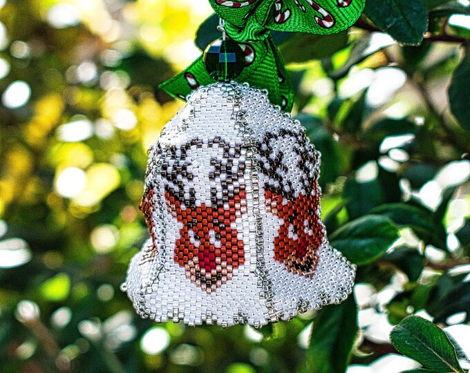 Christmas Bell Ornament, Beaded Ornament With Reindeer, Christmas Tree