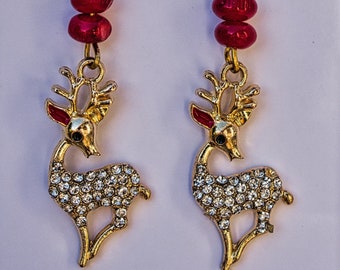 Whimsical Christmas reindeer earrings with rhinestones , festive reindeer earrings with natural sea coral, dangling reindeer earrings