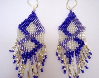 Boho dangling beaded earrings, chandelier style, diamond pattern in shades of purple and white with lever backs. summer gift,  birthday gift