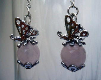 Butterfly earrings in silver plate with rose quartz body and crystals on silver  plated chain and ear wires. Unique gift! summer/spring gift