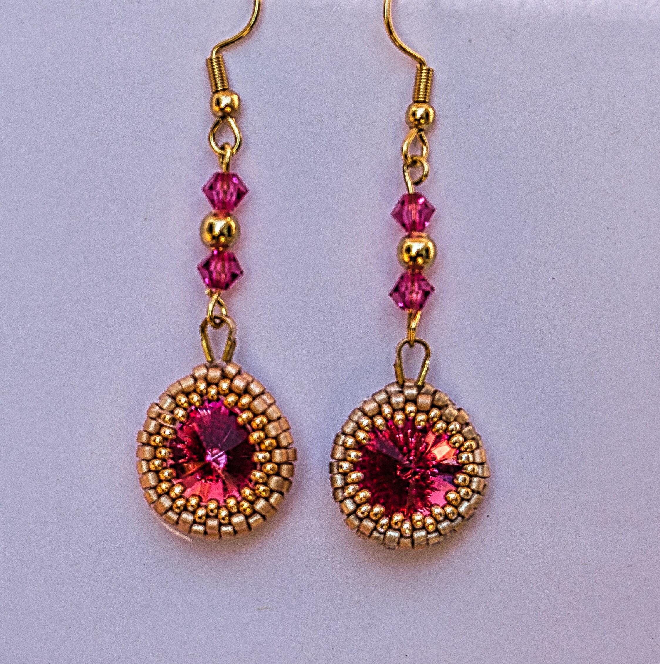 Very pretty rose crystal rivoli dangling earrings with rose crystals and gold plated beads on gold plated ear wires. Summer gift, handmade