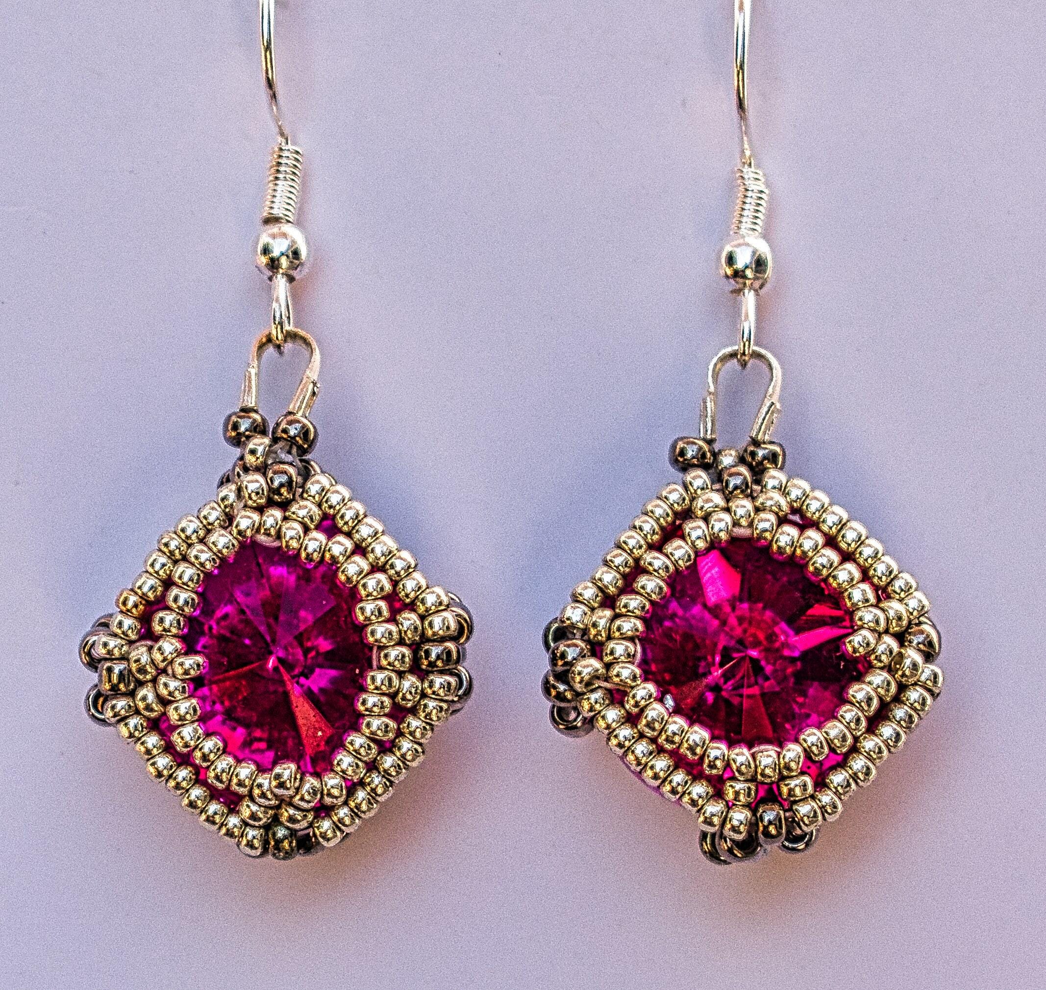 Striking fuchsia rivoli dangling earrings with silver and nickel seed beads and twin hole silver seed beads. Spring /summer gift  handmade