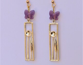 Minimalist delicate Art Nouveau  swarovski purple crystal butterfly earrings with gold plated floral findings.