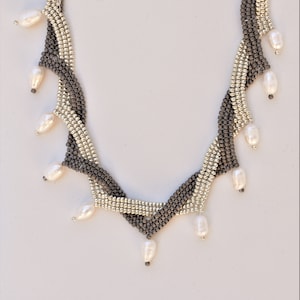 Freshwater white pearl necklace in pleated pattern with gray and silver seed beads and silver herring bone chain. Gift or Mother&#39;s Day