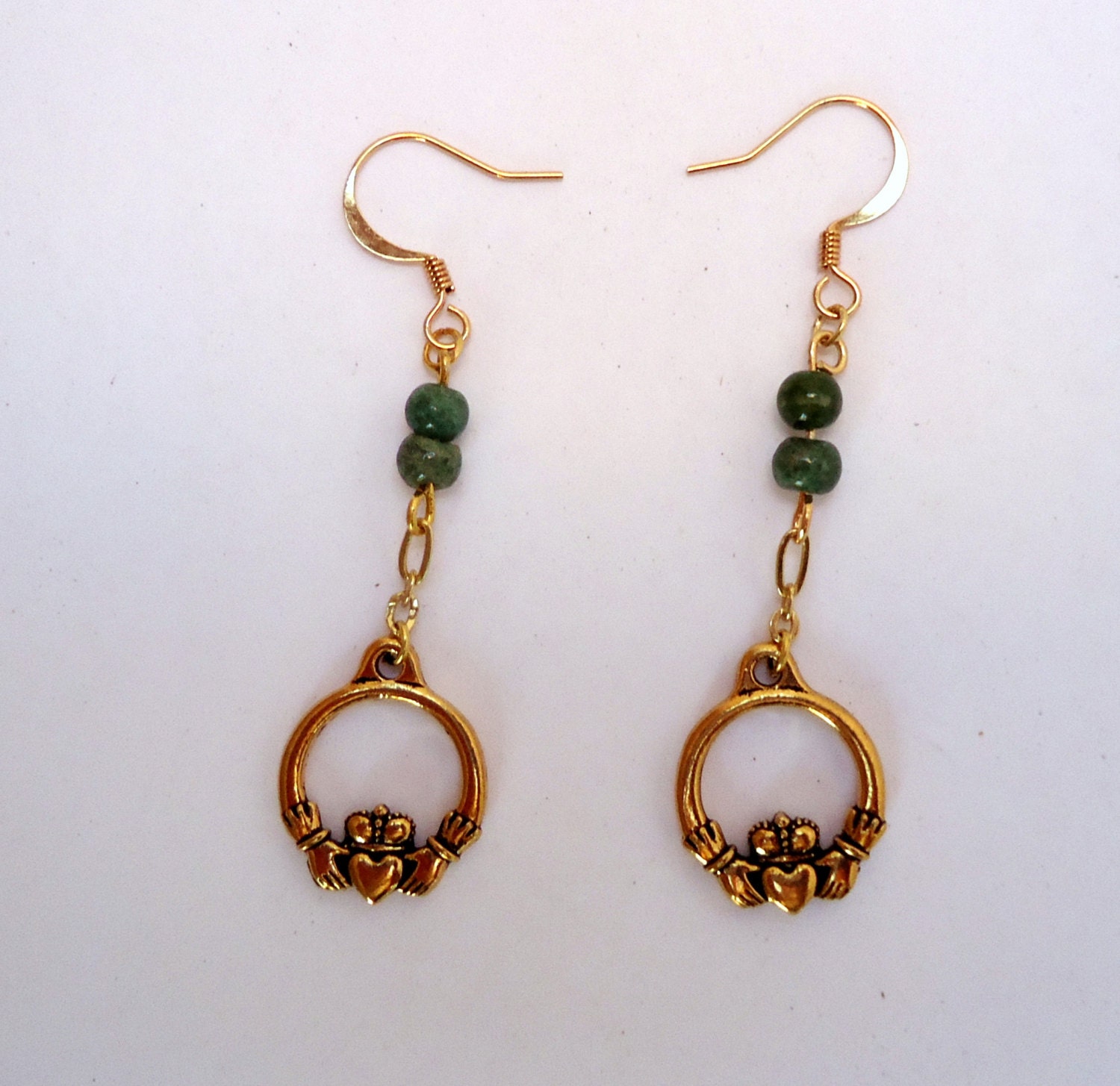Gold Plated Claddagh Earrings With Green Aventurine Beads. - Etsy