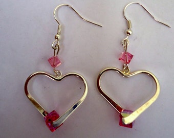 Twisted bale open heart earrings with square swarovski crystals and silver tone ear wires. summer gift, Valentine&#39;s gift, sweetheart&#39;s gift