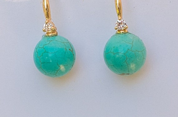 Antique style howlite earrings with cubic zirconia and minimalist semi precious turquoise drop. handmade