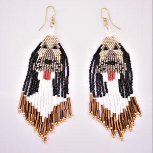 Boho earrings, dangling earrings, beagle earrings, bugle bead earrings, seed bead earrings, animal earrings, whimsical earrings
