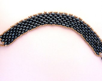 Handmade beaded cuff bracelet in air force blue metallic super duo  and gold Miyuki beads