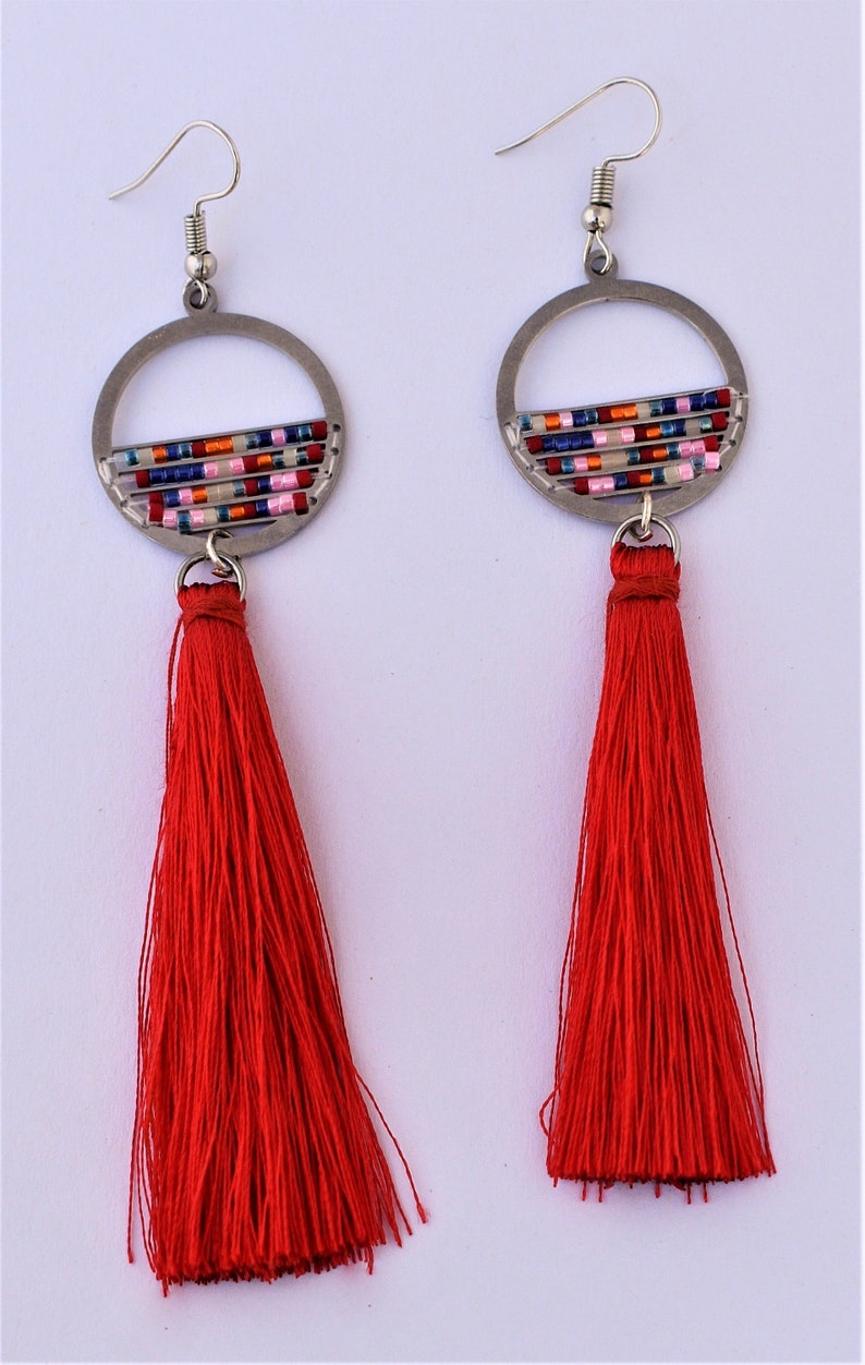 Red Tassel Earrings Bead Frame Earrings Delica Beads Etsy Norway