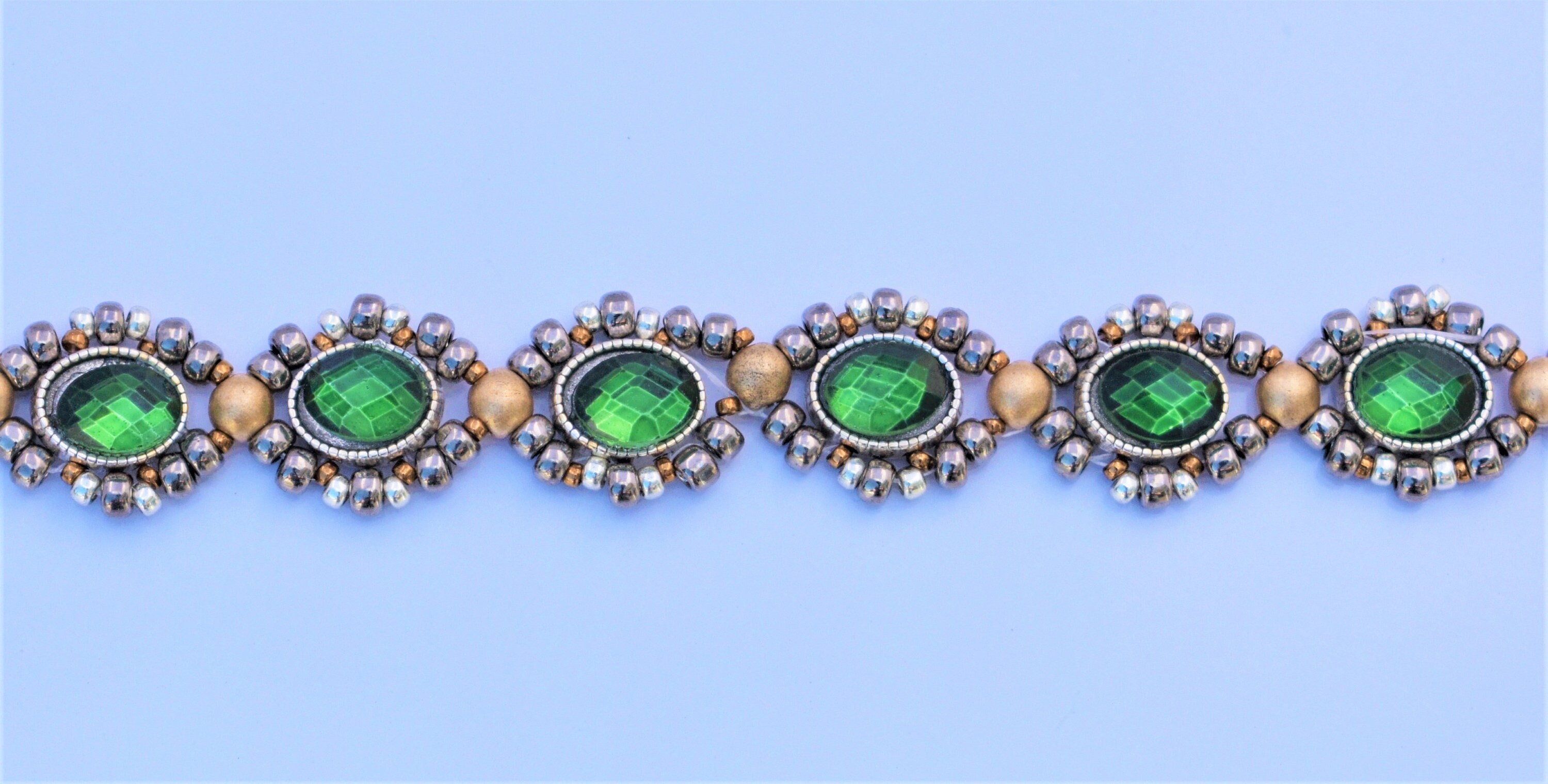 Antique style rhinestone floral bracelet,  emerald bezel set cabochon cuff bracelet, Art Deco style beaded bracelet, fall or holiday gift