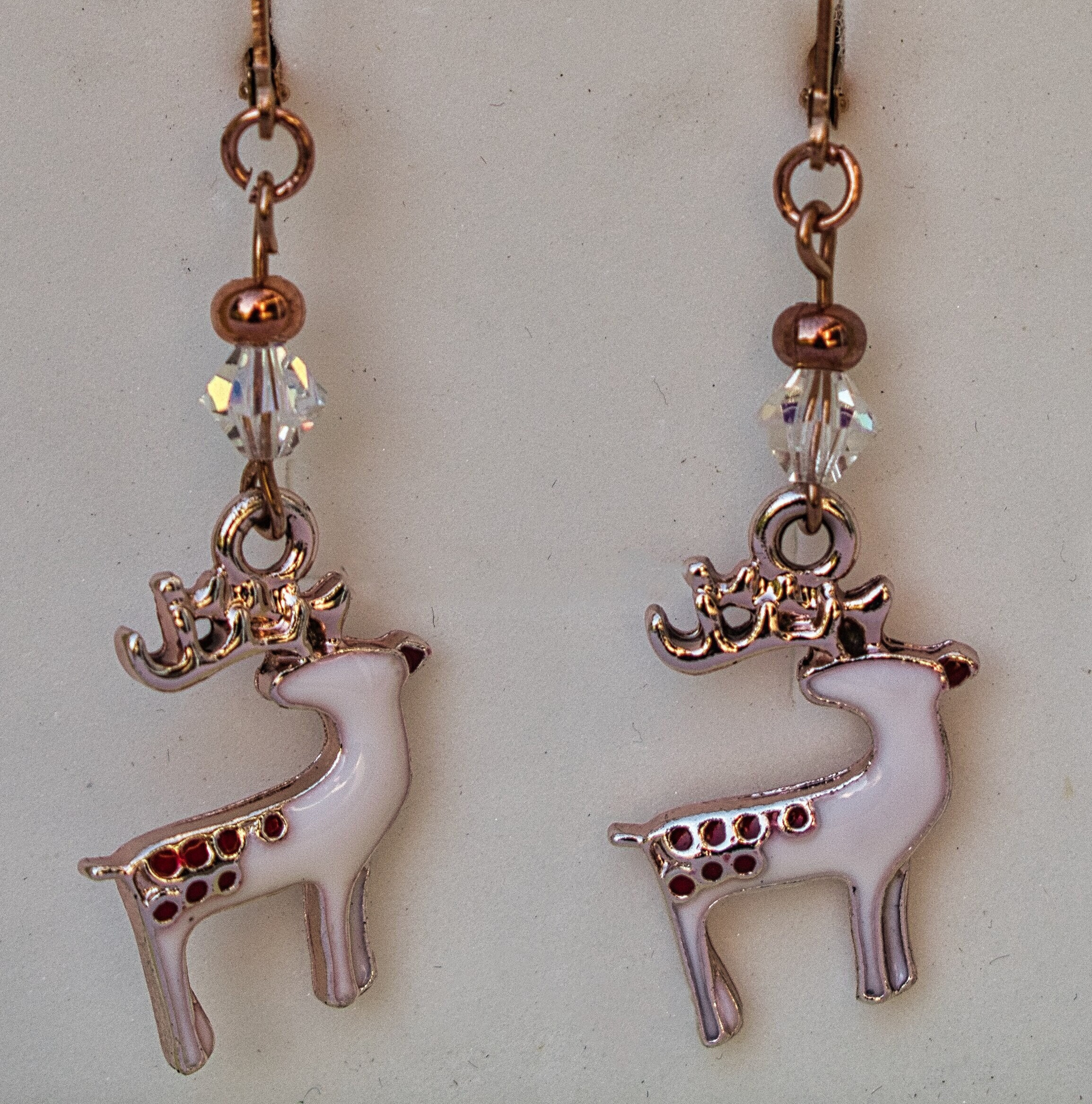 White Enamel Reindeer Earrings, Faux Rose Gold Dangling Reindeer